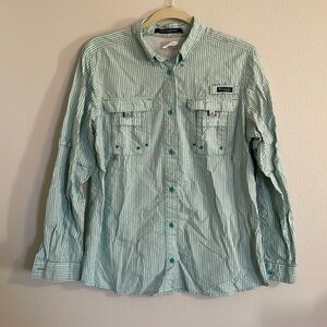 Columbia Women's Super Bahama Button Down Shirt in Mint Stripe